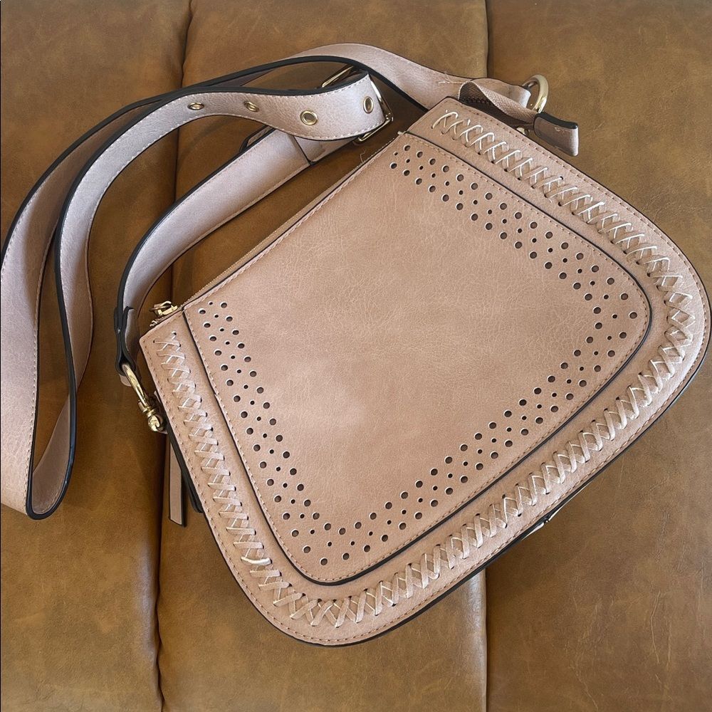 Kate Alex Cuffaro Taupe Blush Perforated Faux Leather Crossbody Saddle Bag Lined